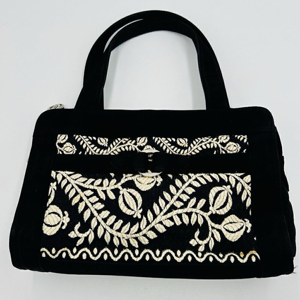 Vera Bradley Black Microfiber Quilted Embroidered Purse Double Handle Vintage